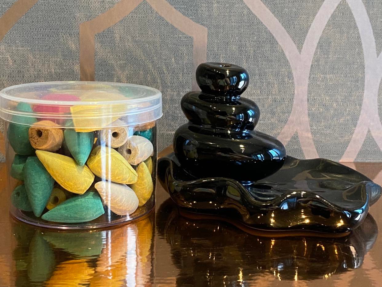 Back Flow Incense Burner - Large Pebbles into Pool & Tub of cones