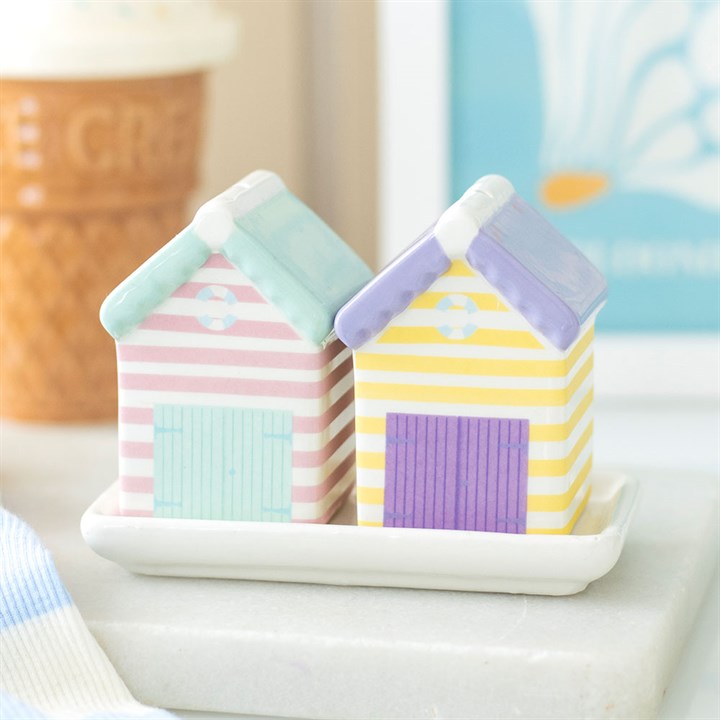 PASTEL BEACH HUT SALT AND PEPPER SHAKERS