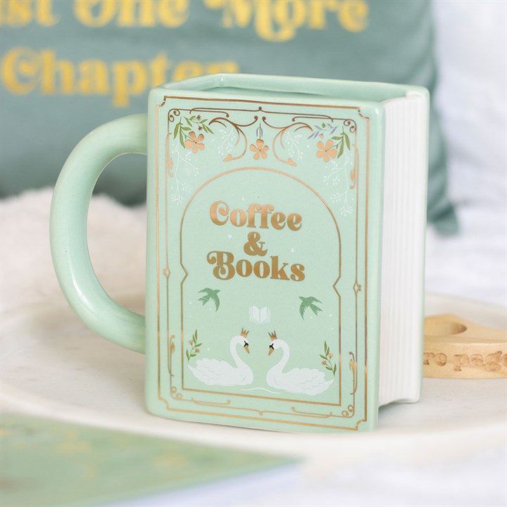 COFFEE AND BOOKS GREEN BOOK SHAPED MUG