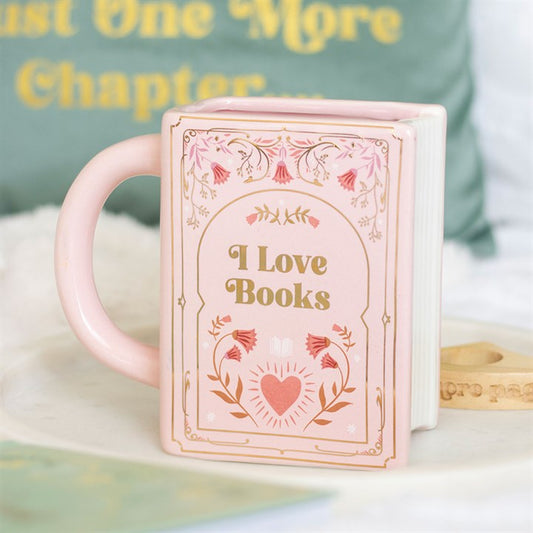 I LOVE BOOKS PINK BOOK SHAPED MUG