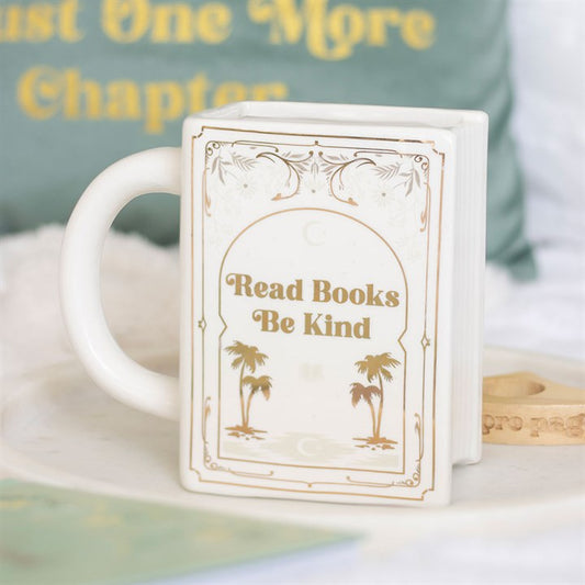 READ BOOKS BE KIND WHITE BOOK SHAPED MUG