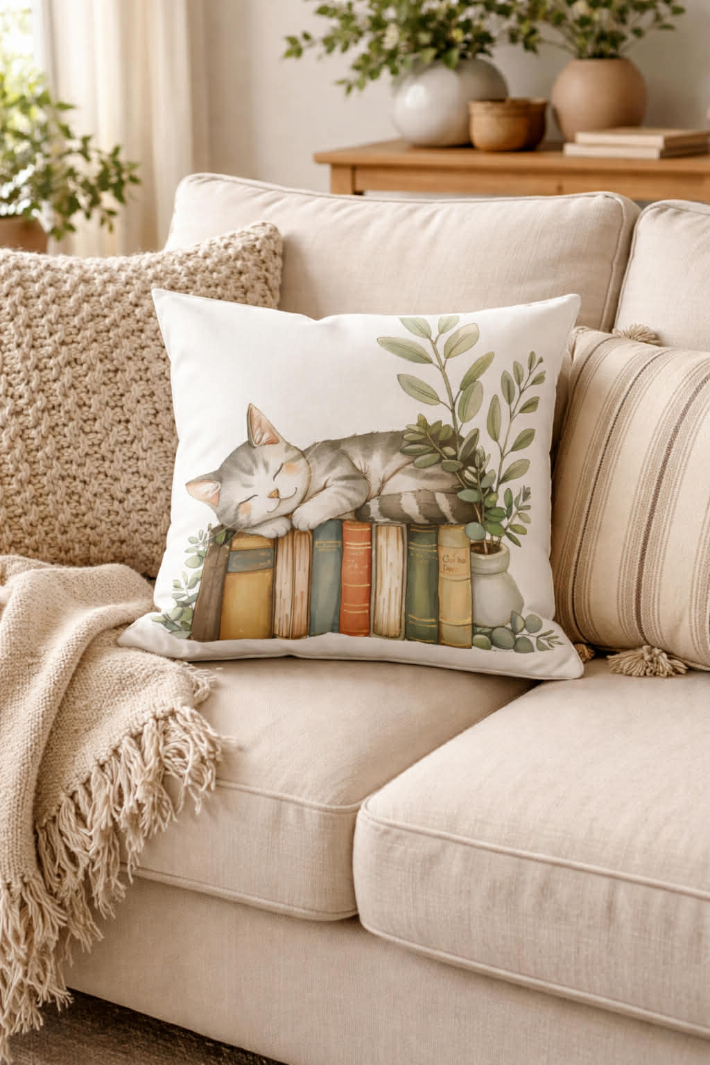 Book Lovers with Cat Cushion