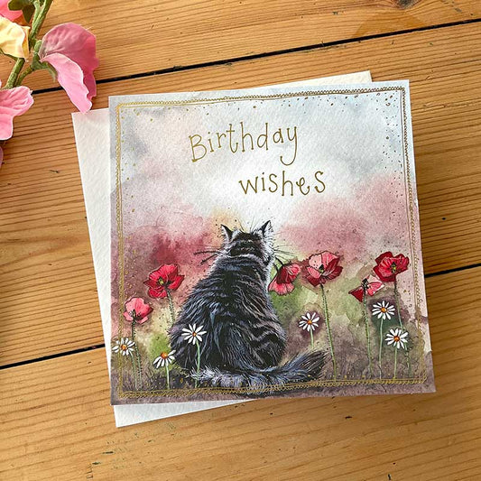 Card - Birthday Wishes Cat and Poppies