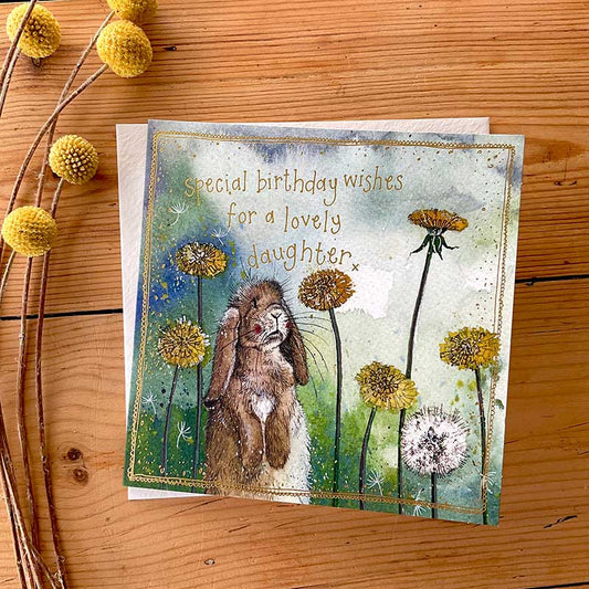 Card - To a Lovely Daughter Rabbit and Dandelions Birthday