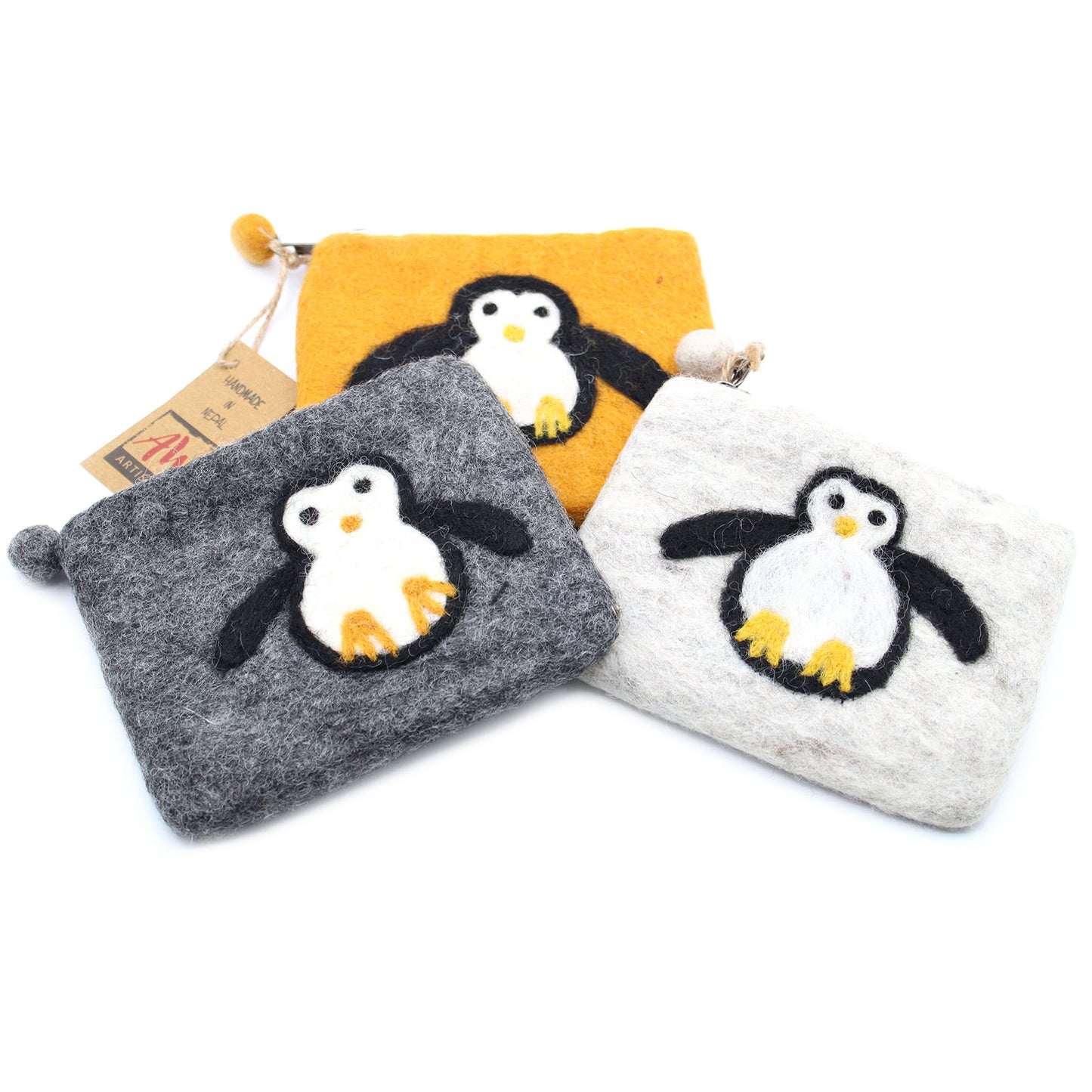 Natural Felt Zipper Pouch (asst) - Cute Penguin