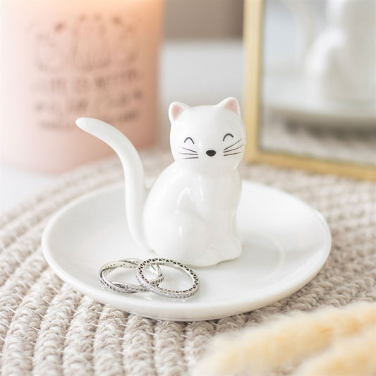 SITTING WHITE CAT FACE TRINKET DISH