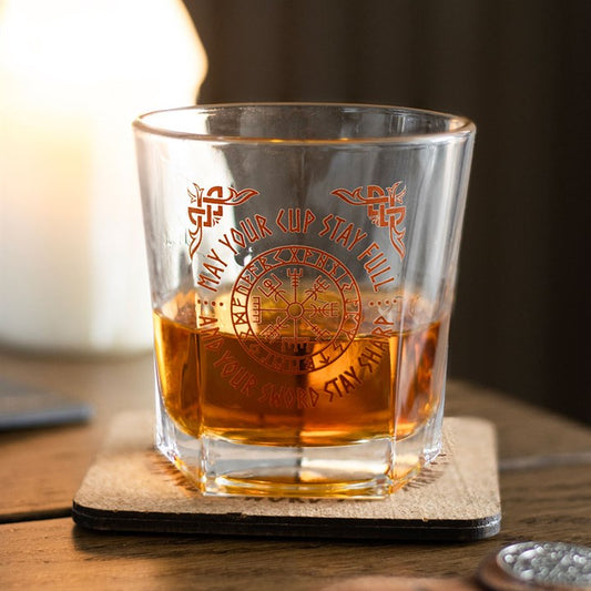 VIKING COMPASS LOWBALL DRINKING GLASS WITH COASTER